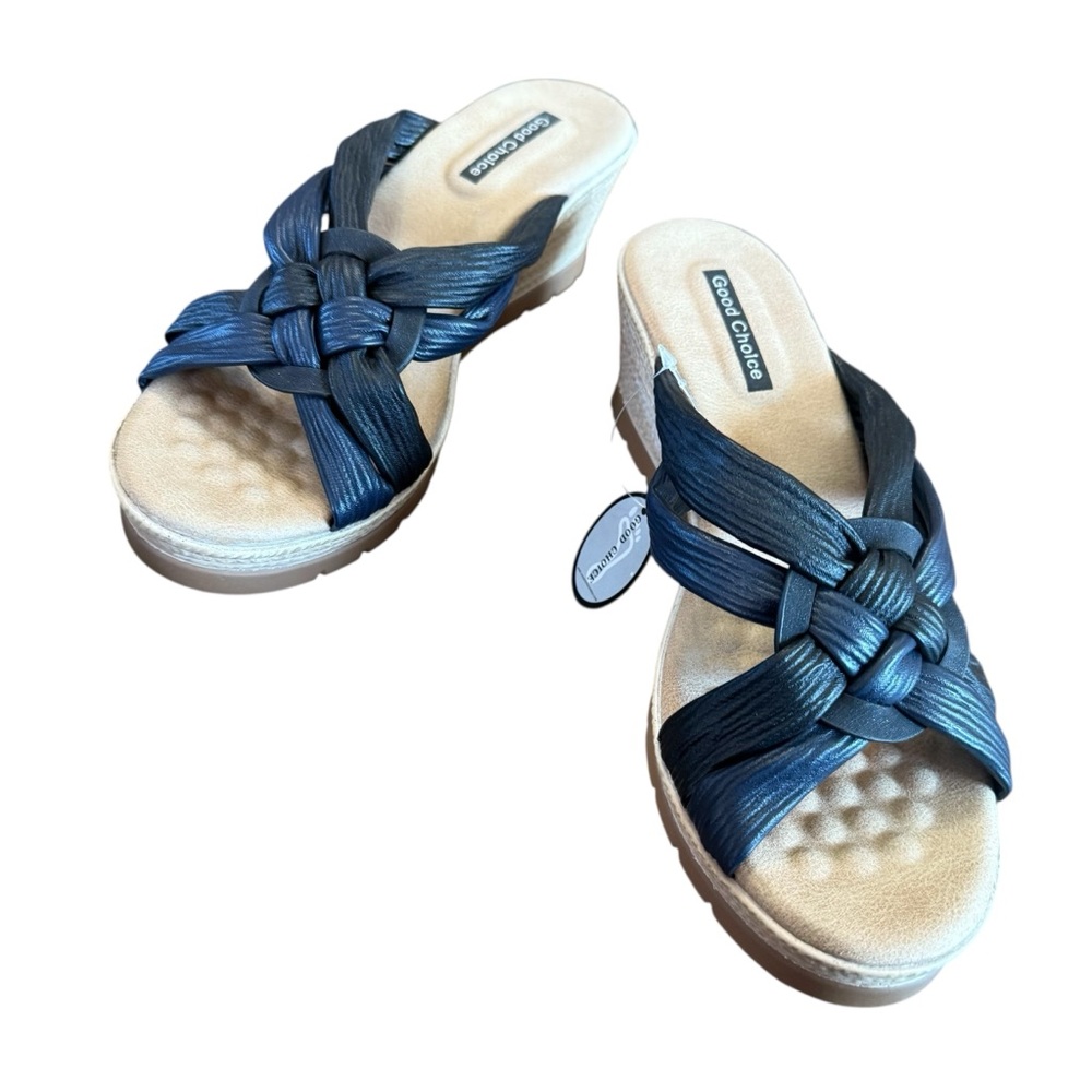 GC Shoes Good Choice Caro Black Slip On Low Wedge Sandals Strappy NEW 6.5